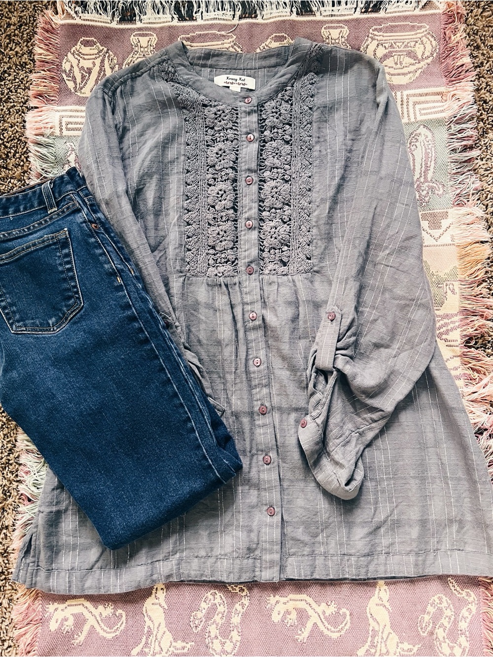 Light Gray Button-Front Tunic with Lace Yoke